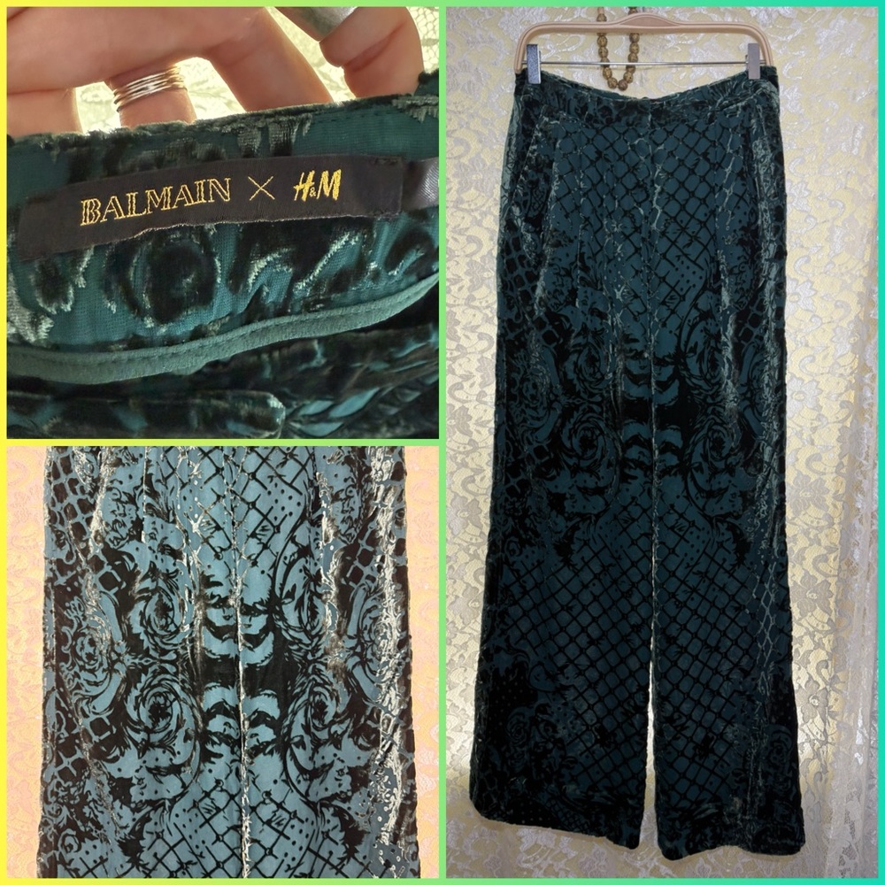 Balmain x H&M dark Teal green burnout Velvet Trousers slacks sz 6 worn once